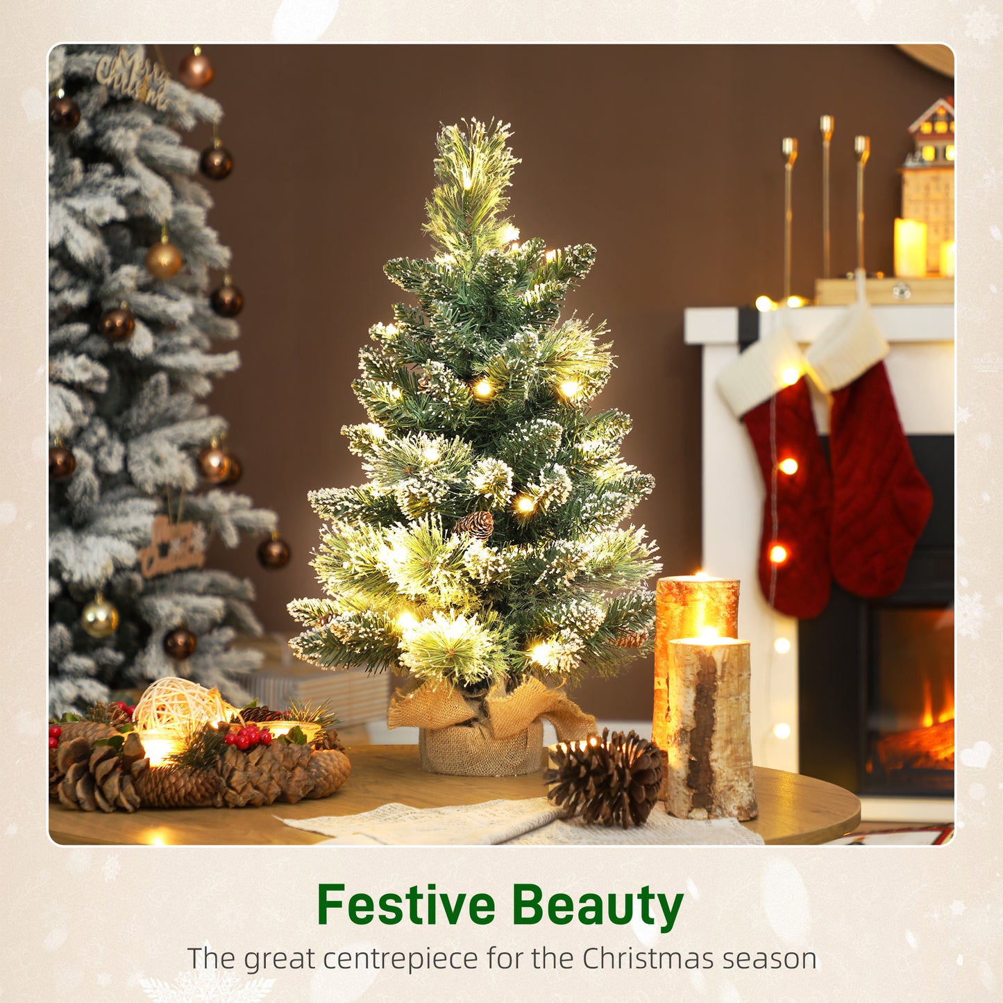 2ft Prelit Christmas Tree Artificial - White Frosted Green Ornament Warm White 64 Tips