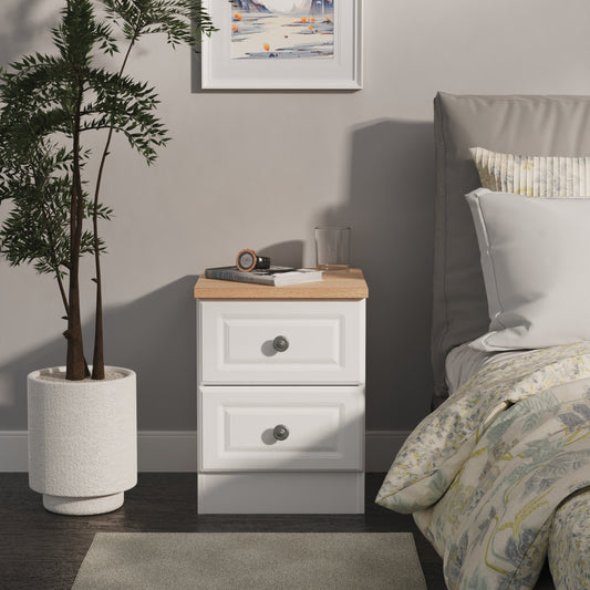 Norfolk Bedside Table White & Light Oak 2 Drawers 37cm
