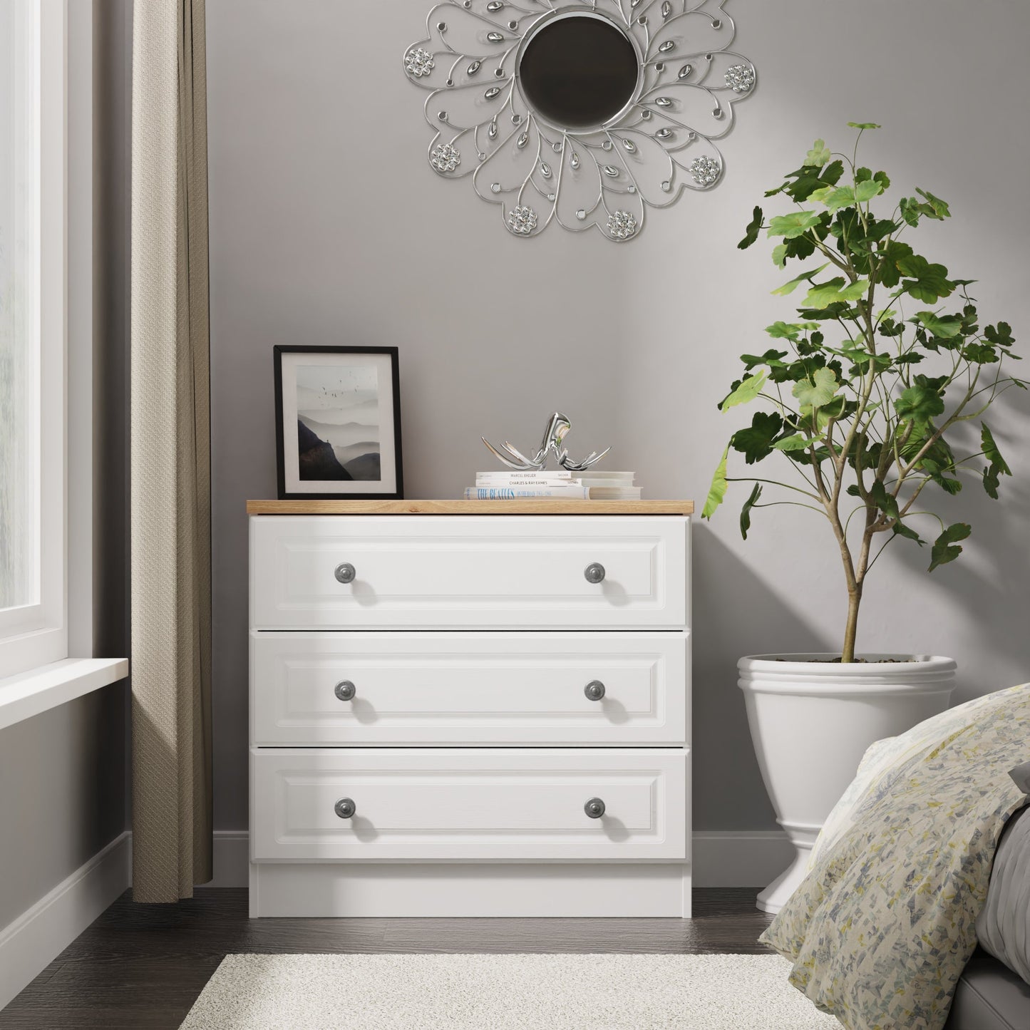 Norfolk Chest of Drawers White & Light Oak 3 Drawers 74cm