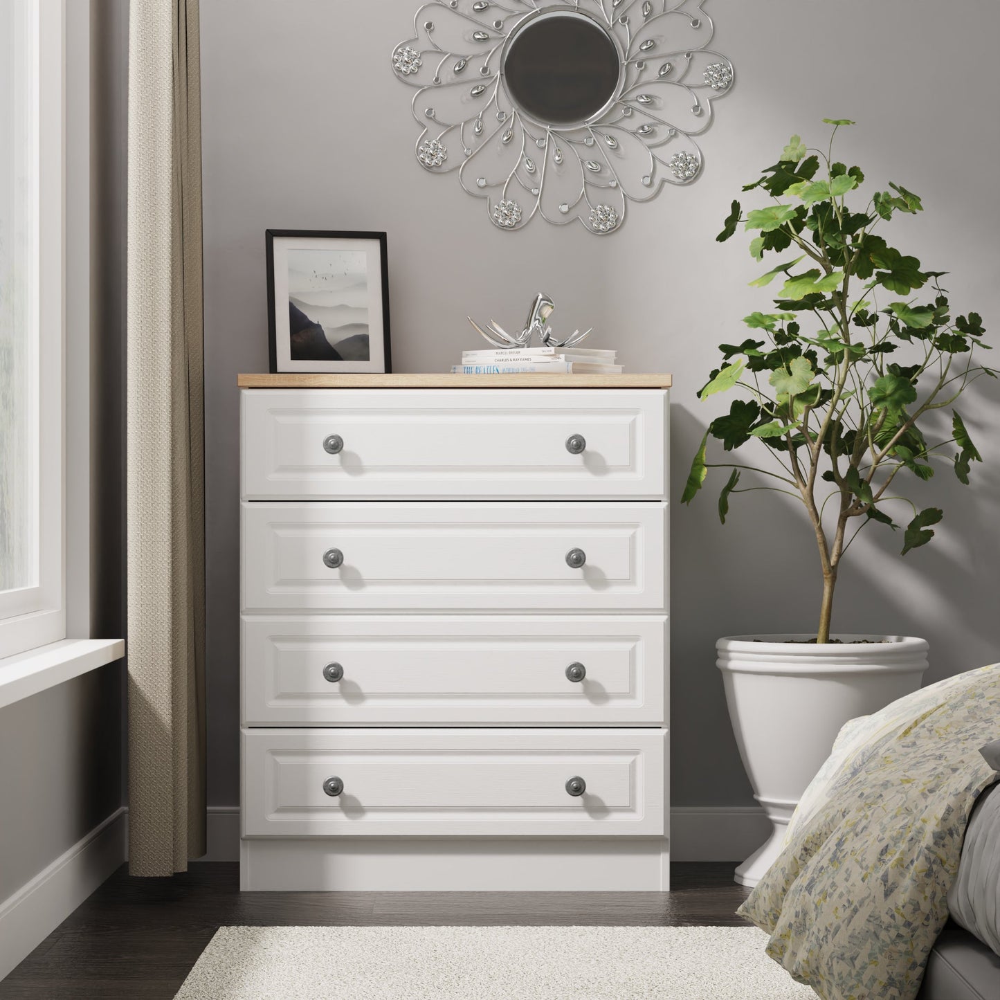 Norfolk Chest of Drawers White & Light Oak 4 Drawers 74cm