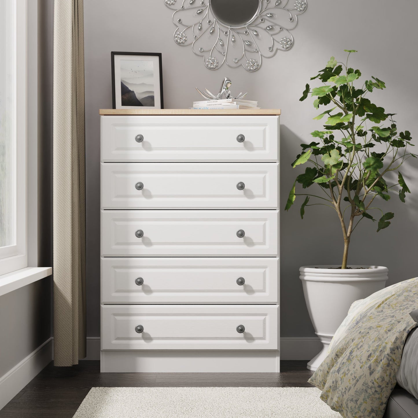 Norfolk Tall Chest of Drawers White & Light Oak 5 Drawers 74cm
