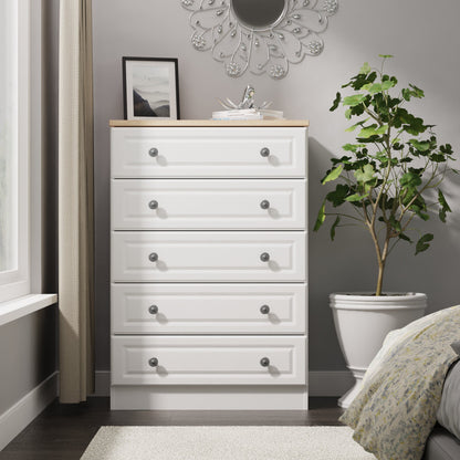 Norfolk Tall Chest of Drawers White & Light Oak 5 Drawers 74cm