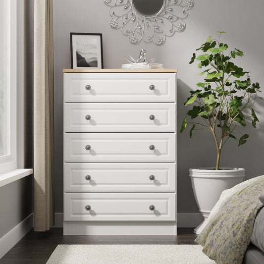 Norfolk Tall Chest of Drawers White & Light Oak 5 Drawers 74cm