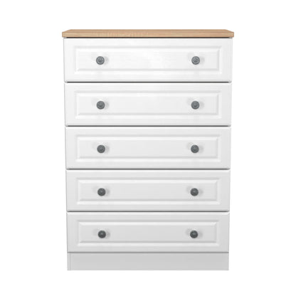Norfolk Tall Chest of Drawers White & Light Oak 5 Drawers 74cm