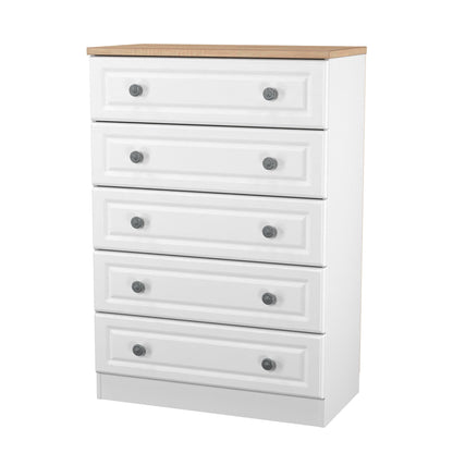 Norfolk Tall Chest of Drawers White & Light Oak 5 Drawers 74cm