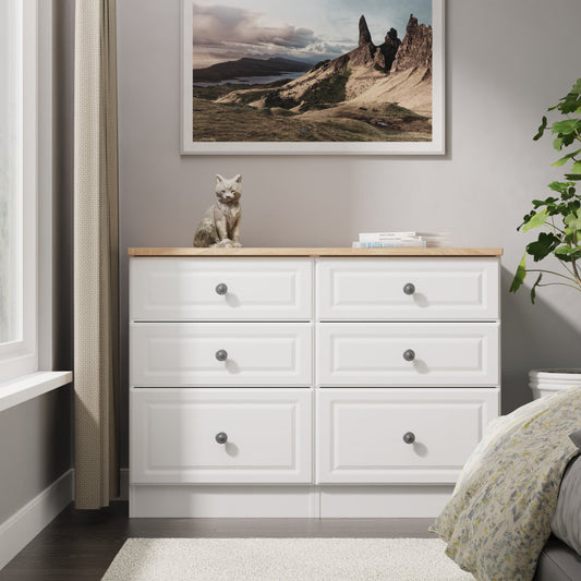 Norfolk Large Chest of Drawers White & Light Oak 6 Drawers 110cm