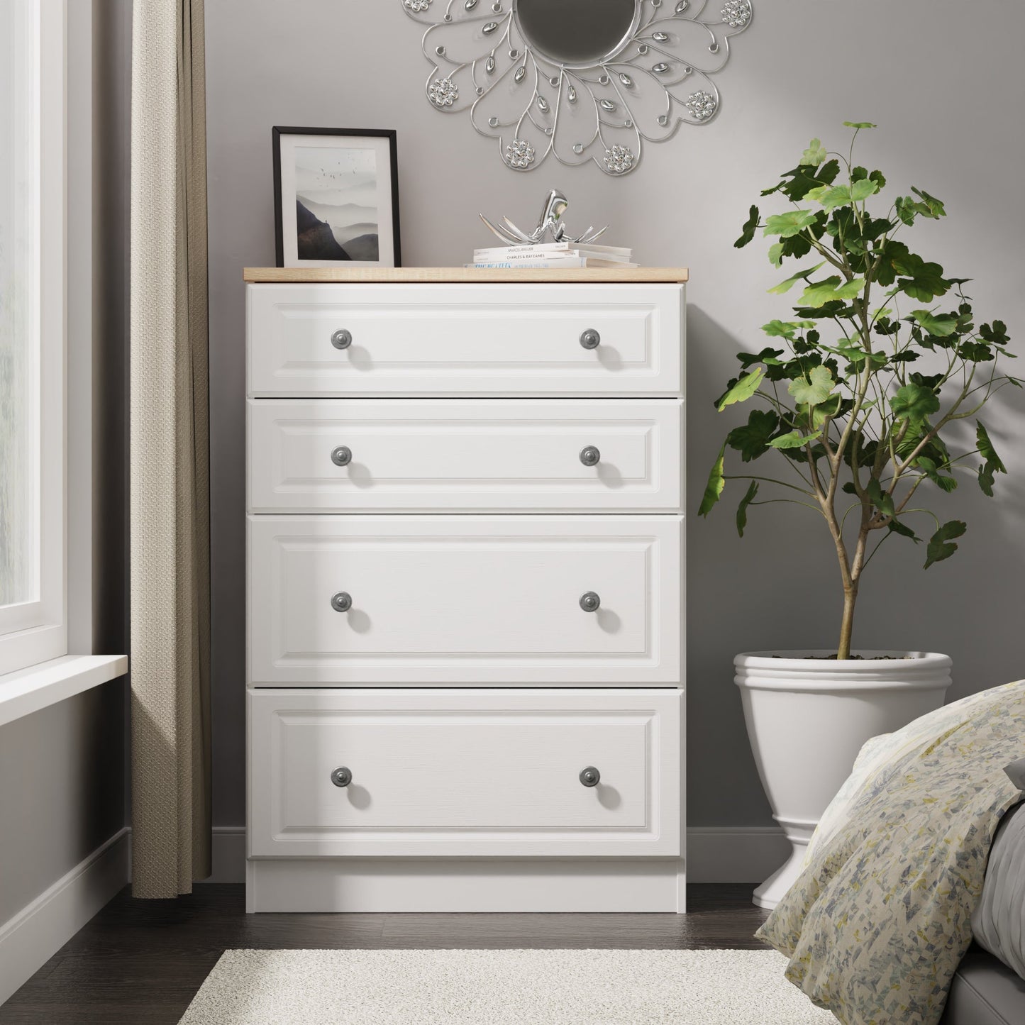 Norfolk Tall Chest of Drawers White & Light Oak 4 Drawers 74cm