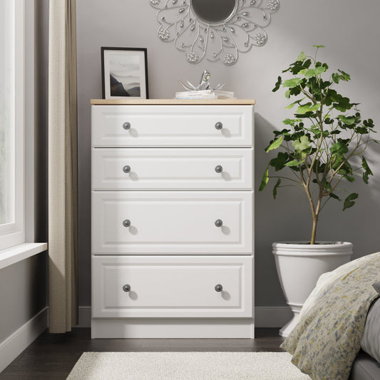 Norfolk Tall Chest of Drawers White & Light Oak 4 Drawers 74cm