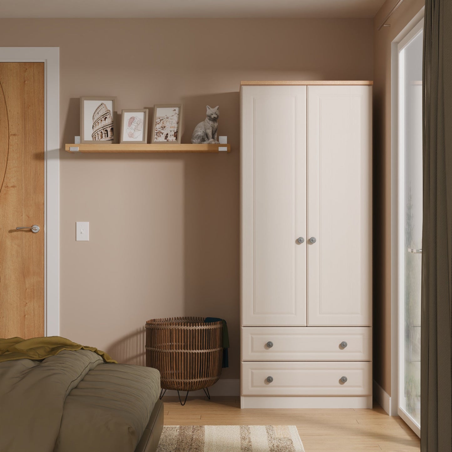Norfolk Tall Wardrobe Off-white & Light Oak 2 Drawers 74cm