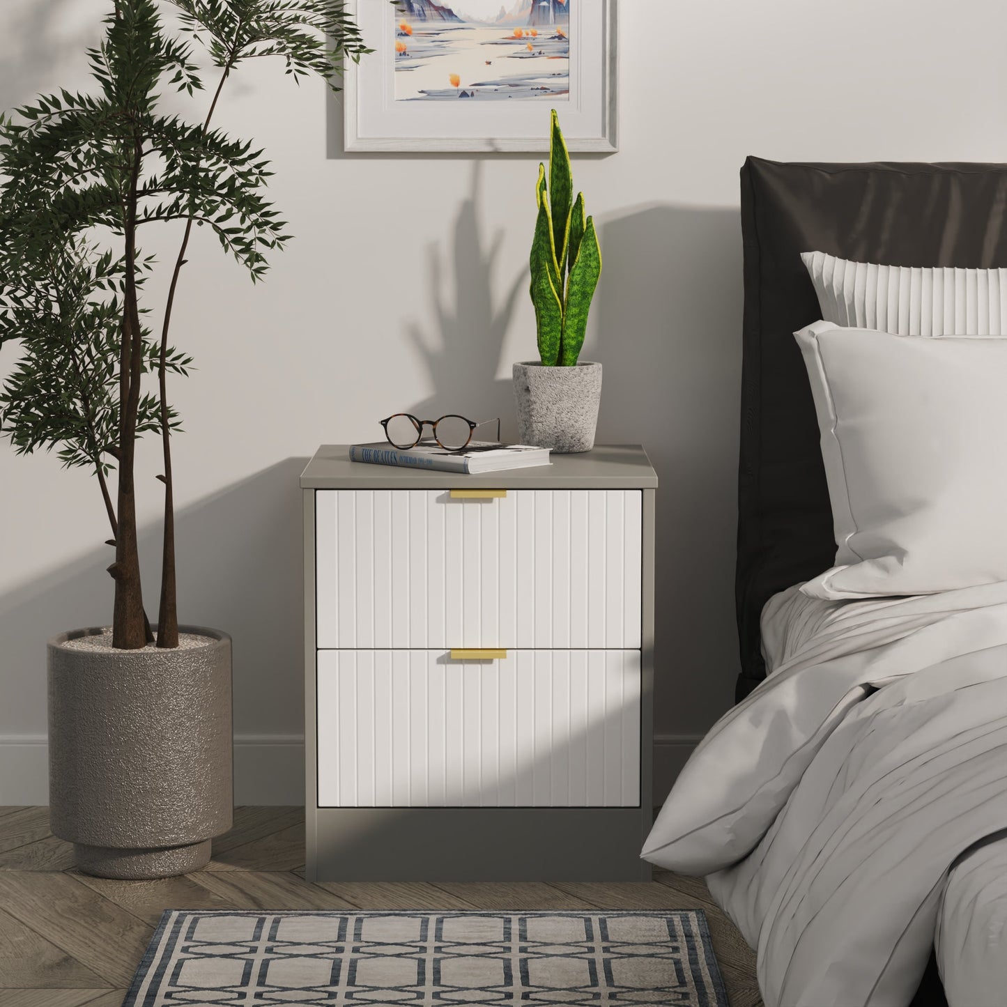 Nashville F Bedside Table White & Grey 2 Drawers 45cm