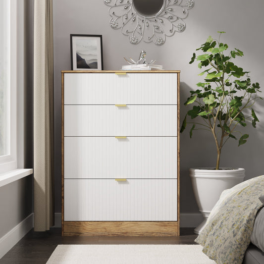 Nashville F Tall Chest of Drawers White & Vintage Oak 4 Drawers 77cm
