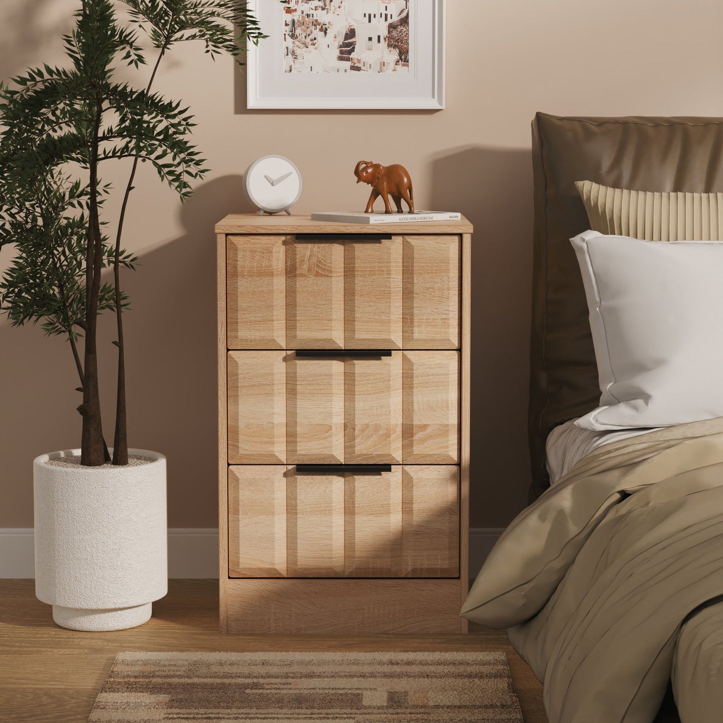 New York C Bedside Table Light Oak 3 Drawers 45cm