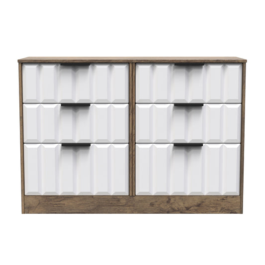 New York C Large Chest of Drawers White & Vintage Oak 6 Drawers 115cm
