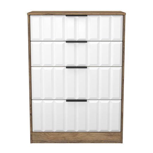 New York C Tall Chest of Drawers White & Vintage Oak 4 Drawers 77cm