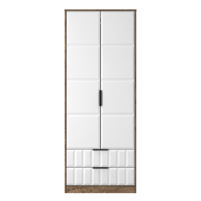 New York C Tall Wardrobe White & Vintage Oak 2 Doors 2 Drawers 77cm
