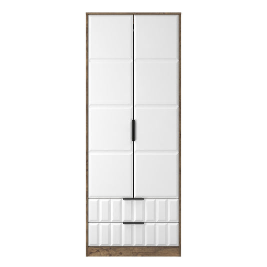 New York C Tall Wardrobe White & Vintage Oak 2 Doors 2 Drawers 77cm