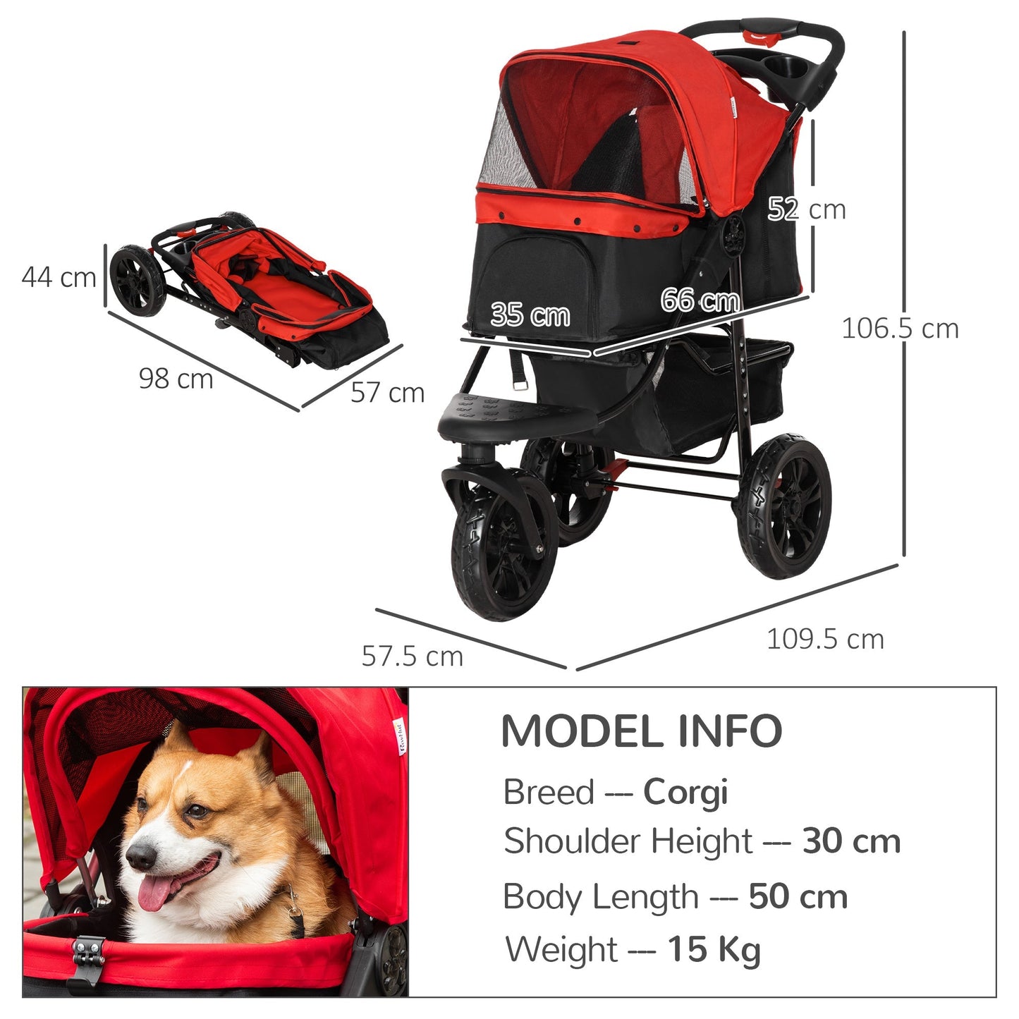 Pawhut Oxford Cloth Folding 3-Wheel Pet Stroller Dog Trolley Red/Black