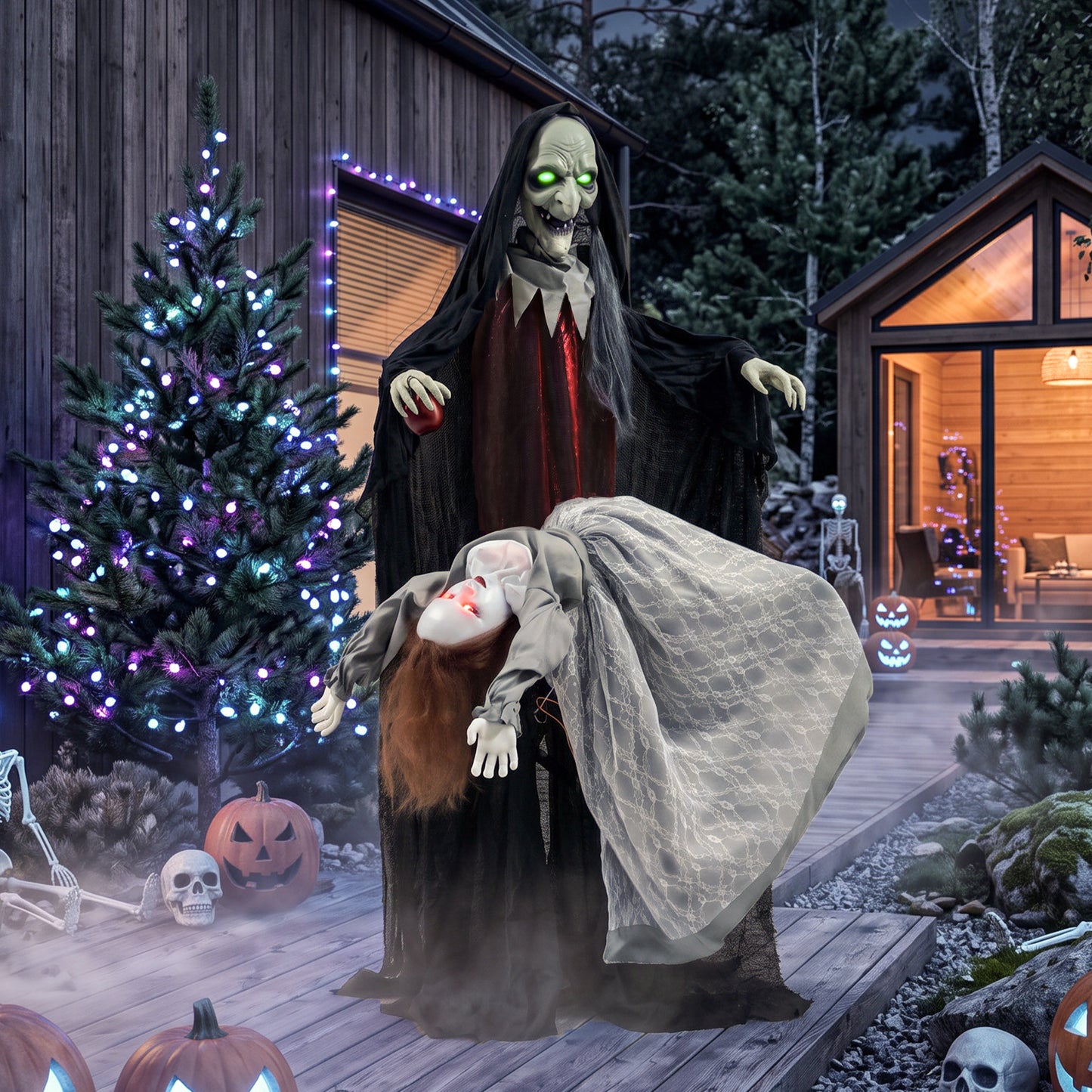 Animated Witch And Ghost Halloween Decoration - 180cm