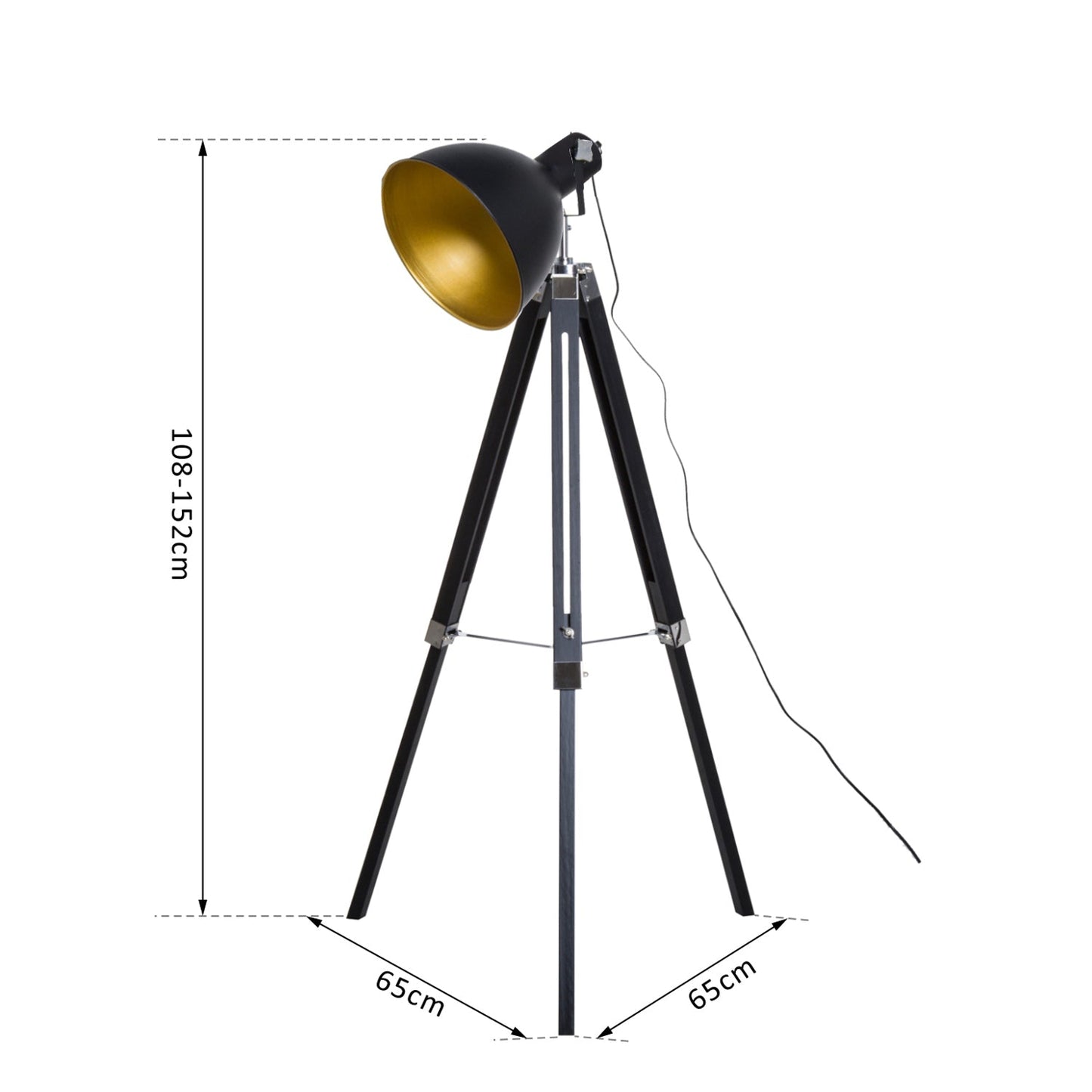 Industrial Floor Lamp for Living Room Tripod Spotlight Reading Lamp w/Wood Legs Metal Shade Adjustable Height Angle for Bedroom Home Office Black and Gold