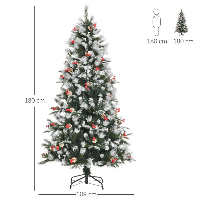 Homcom 6 Foot Artificial Snow Dipped Christmas Tree Xmas Pencil Tree with Foldable Feet Red Berries White Pinecones