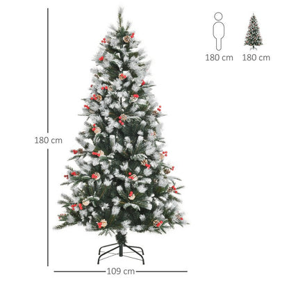 Homcom 6 Foot Artificial Snow Dipped Christmas Tree Xmas Pencil Tree with Foldable Feet Red Berries White Pinecones
