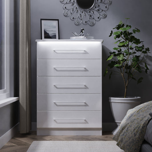 Paris Tall Chest of Drawers White 5 Drawers 77cm