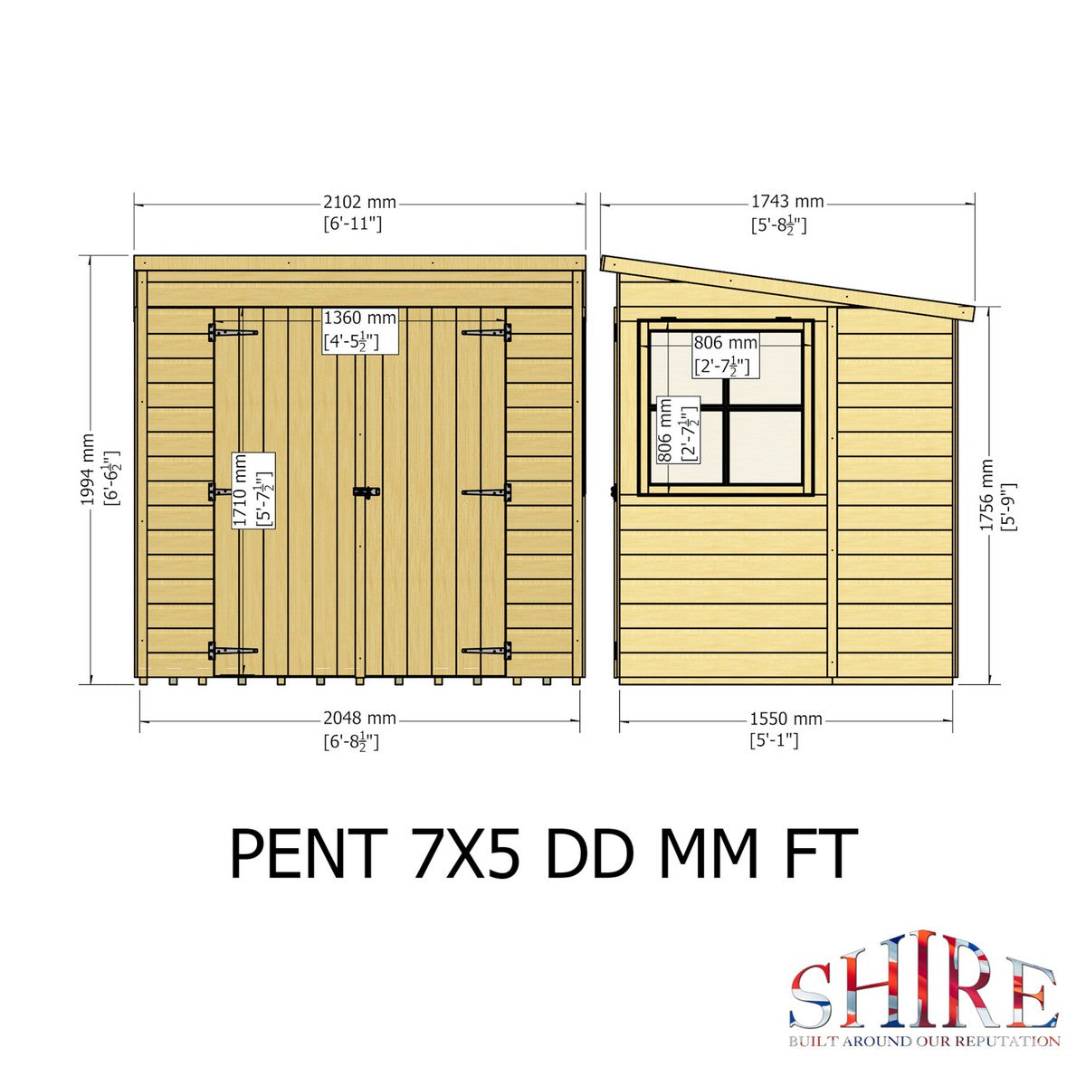 Shire 5' 8" x 6' 10" Pent Shed - Premium Dip Treated Shiplap