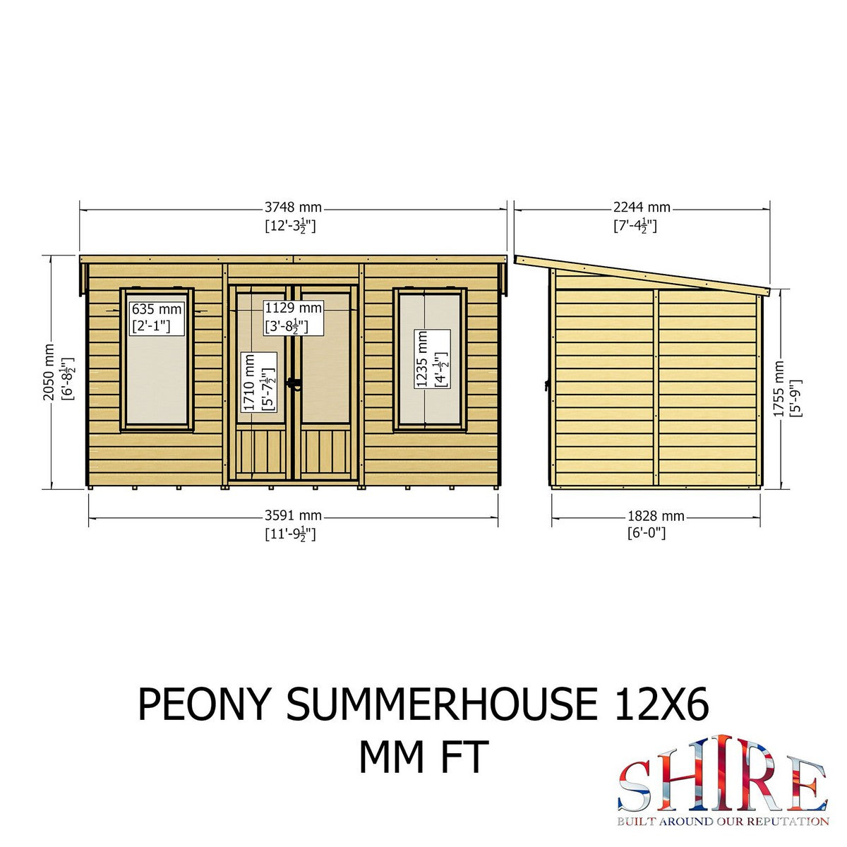 Shire Peony 7' 4" x 12' 3" Pent Summerhouse - Premium Dip Treated Shiplap