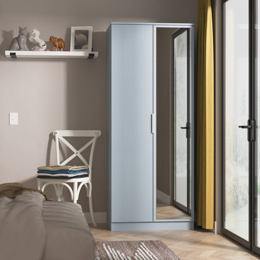 Plymouth Tall Mirror Wardrobe Light Blue 2 Doors 1 Shelf 74cm