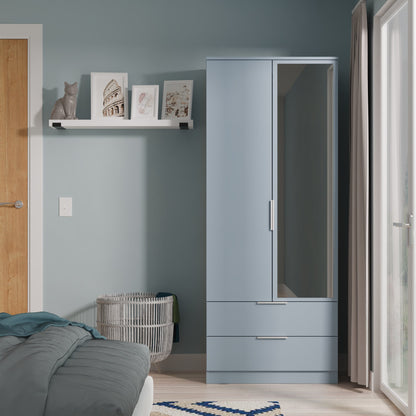 Plymouth Tall Mirror Wardrobe Light Blue 2 Doors 1 Shelf 2 Drawers 74cm