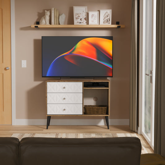 Pixel TV Unit White & Vintage Oak 2 Shelves 3 Drawers 97cm