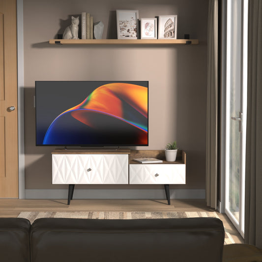 Pixel TV Unit White & Vintage Oak 2 Drawers 128cm