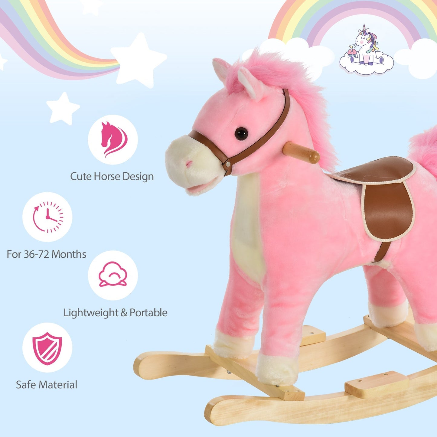 Kids Plush Rocking Horse w/ Sound Moving Mouth Wagging Tail Children Rocker Ride On Toy Gift 36 - 72 Months Pink