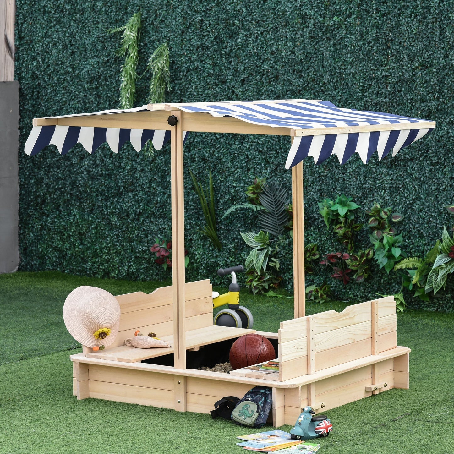 Kids Wooden Sand Pit with Lids Children Sandbox Height Adjustable Canopy for Garden Primary Image