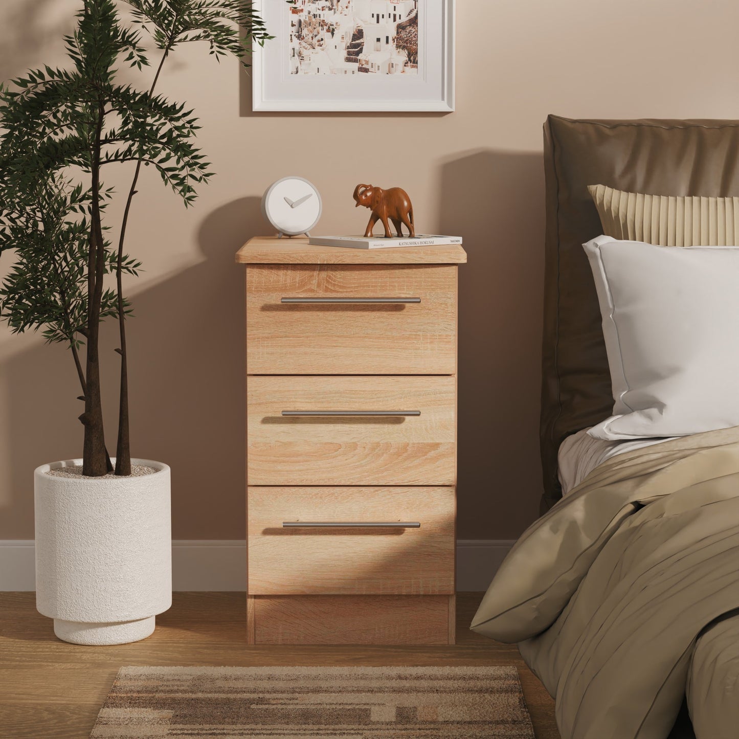 Sherwood Bedside Table Light Oak 3 Drawers 40cm