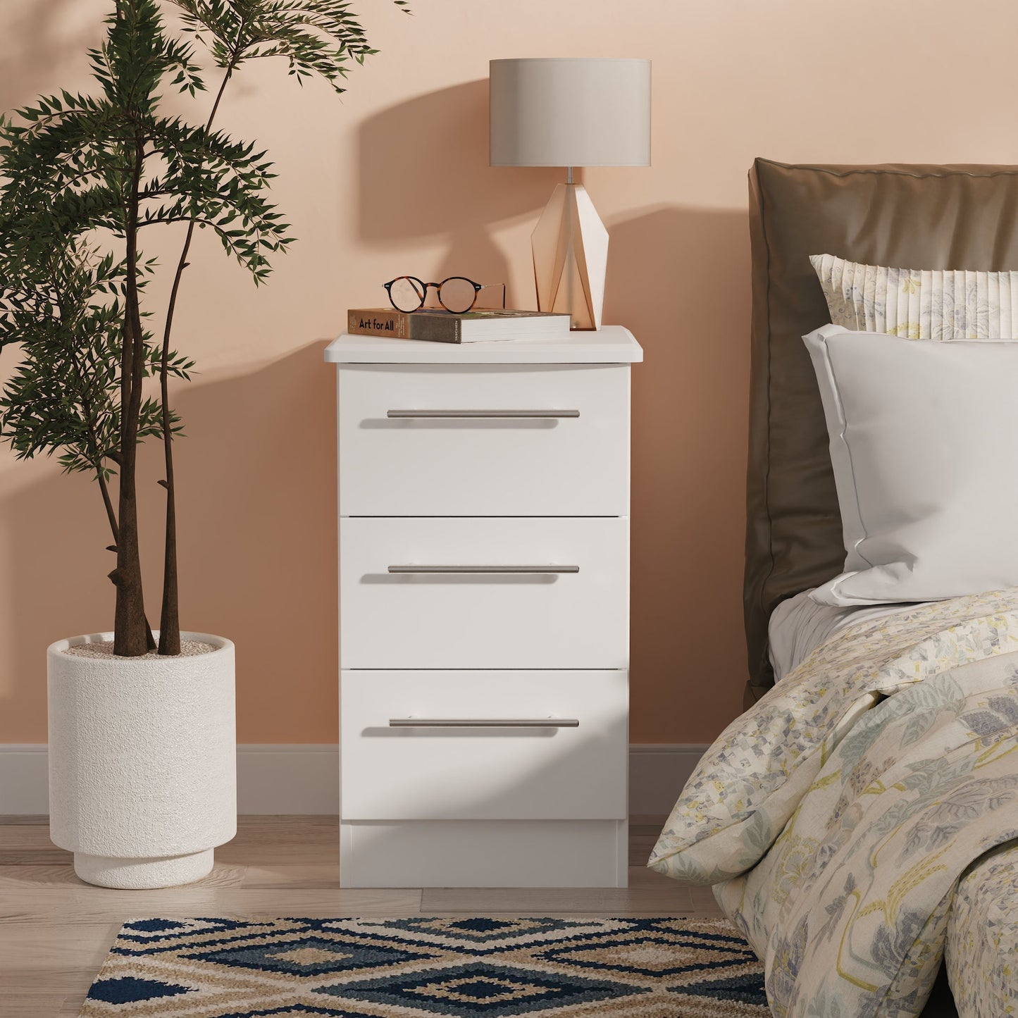 Sherwood Bedside Table White 3 Drawers 40cm