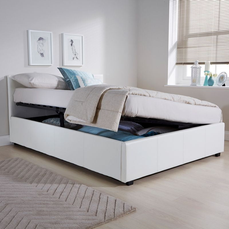 GFW Winston Small Double Ottoman Bed Faux Leather White 4 x 7ft