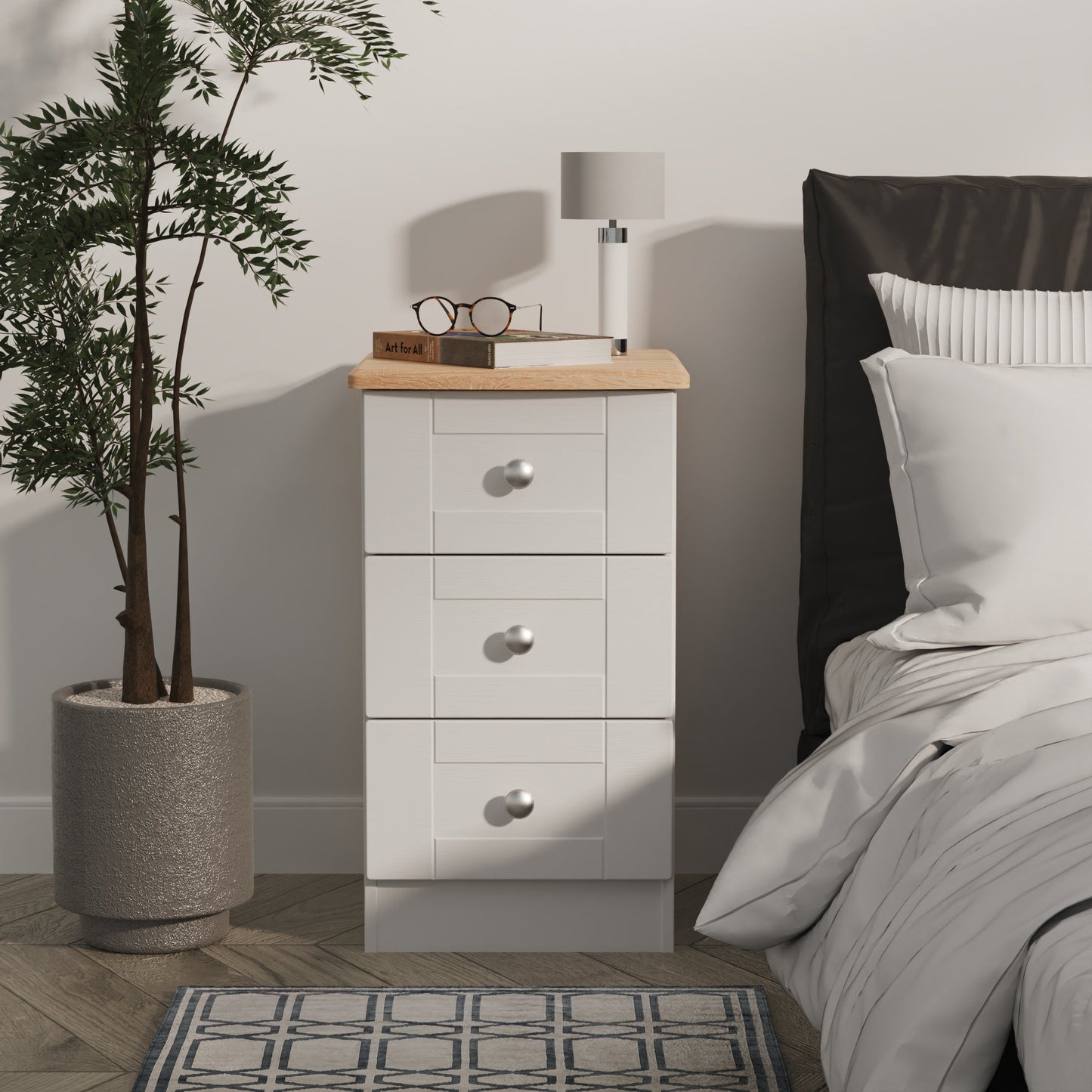 Sussex Bedside Table Grey & Light Oak 3 Drawers 40cm