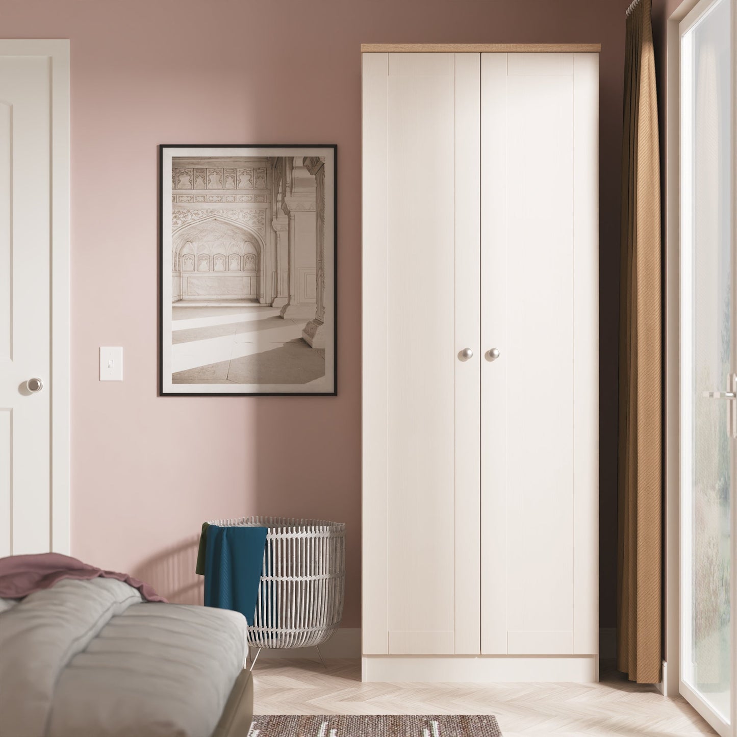 Sussex Tall Wardrobe Off-white & Light Oak 1 Shelf 74cm