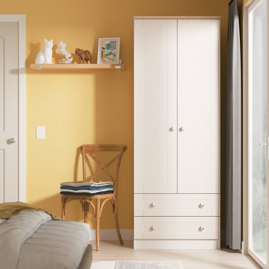 Sussex Tall Wardrobe Off-white & Light Oak 2 Drawers 74cm
