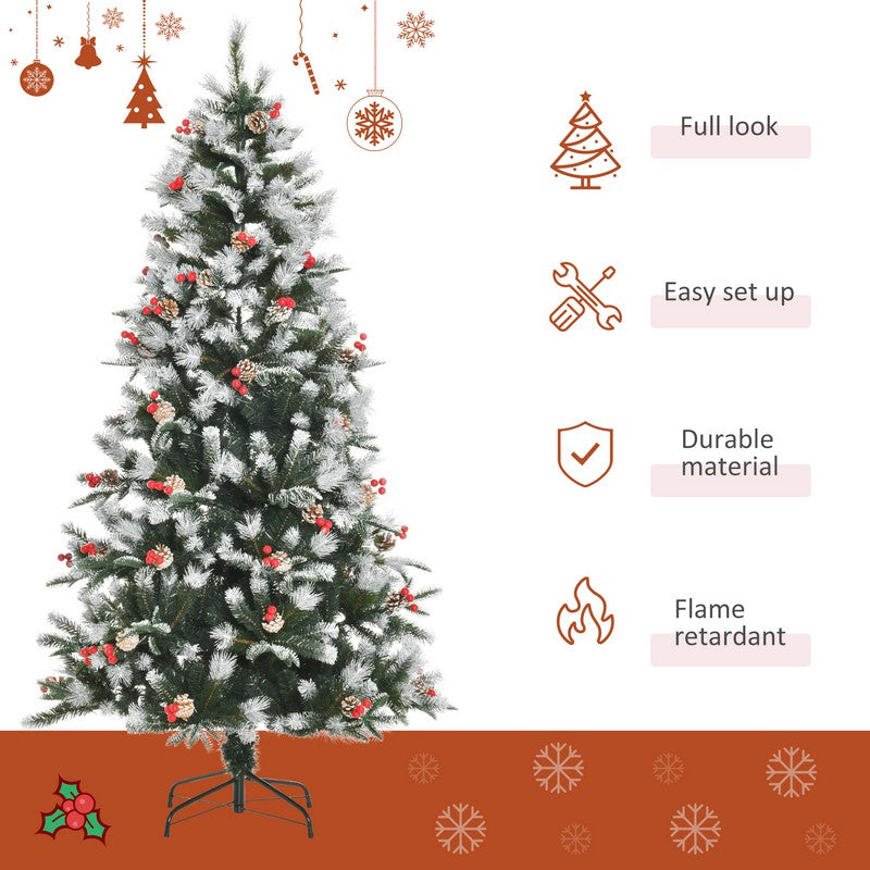 Homcom 6 Foot Artificial Snow Dipped Christmas Tree Xmas Pencil Tree with Foldable Feet Red Berries White Pinecones