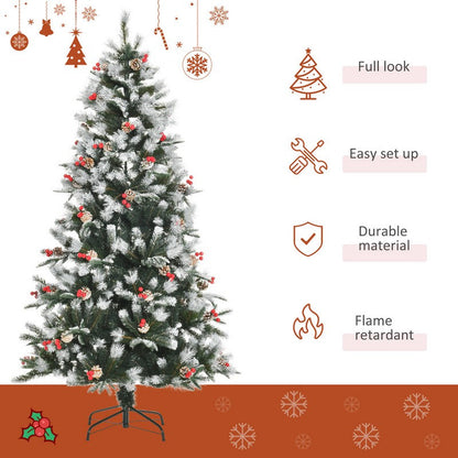 Homcom 6 Foot Artificial Snow Dipped Christmas Tree Xmas Pencil Tree with Foldable Feet Red Berries White Pinecones