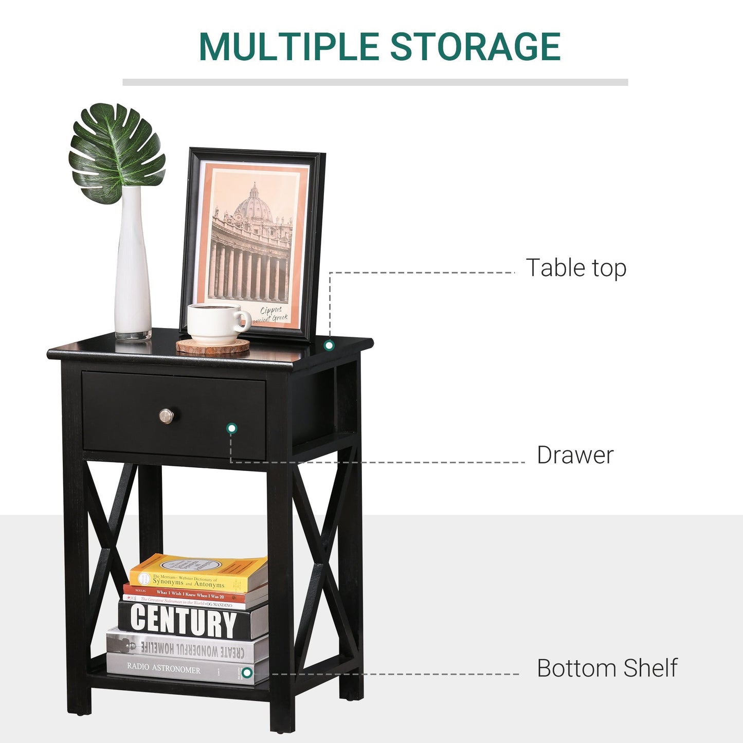 End Table?Sofa Side Table with Drawer X Bar Bottom Storage Shelf