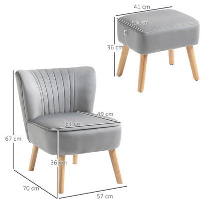 Velvet-Feel Tub Chair and Footstool - Grey