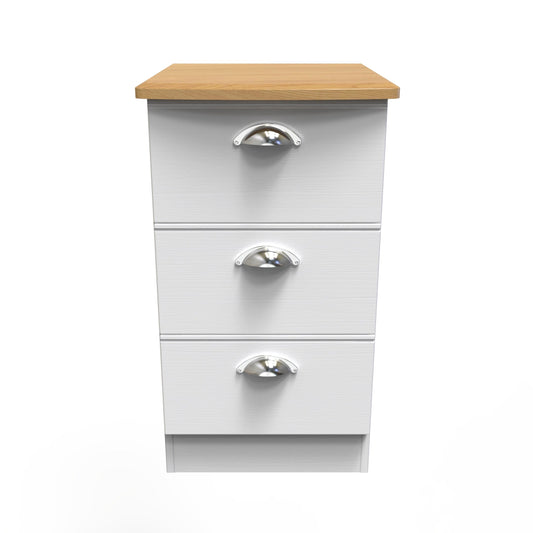 Victoria Bedside Table White & Light Oak 3 Drawers 40cm