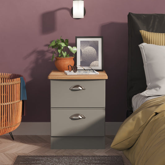Victoria Bedside Table Grey & Light Oak 2 Drawers 40cm