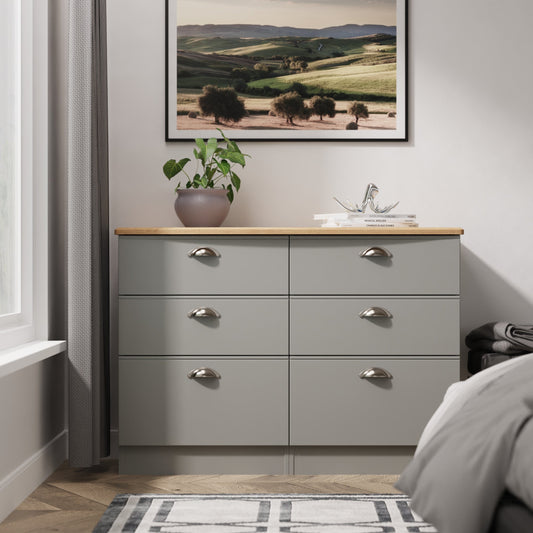 Victoria Large Chest of Drawers Grey & Light Oak 6 Drawers 112cm