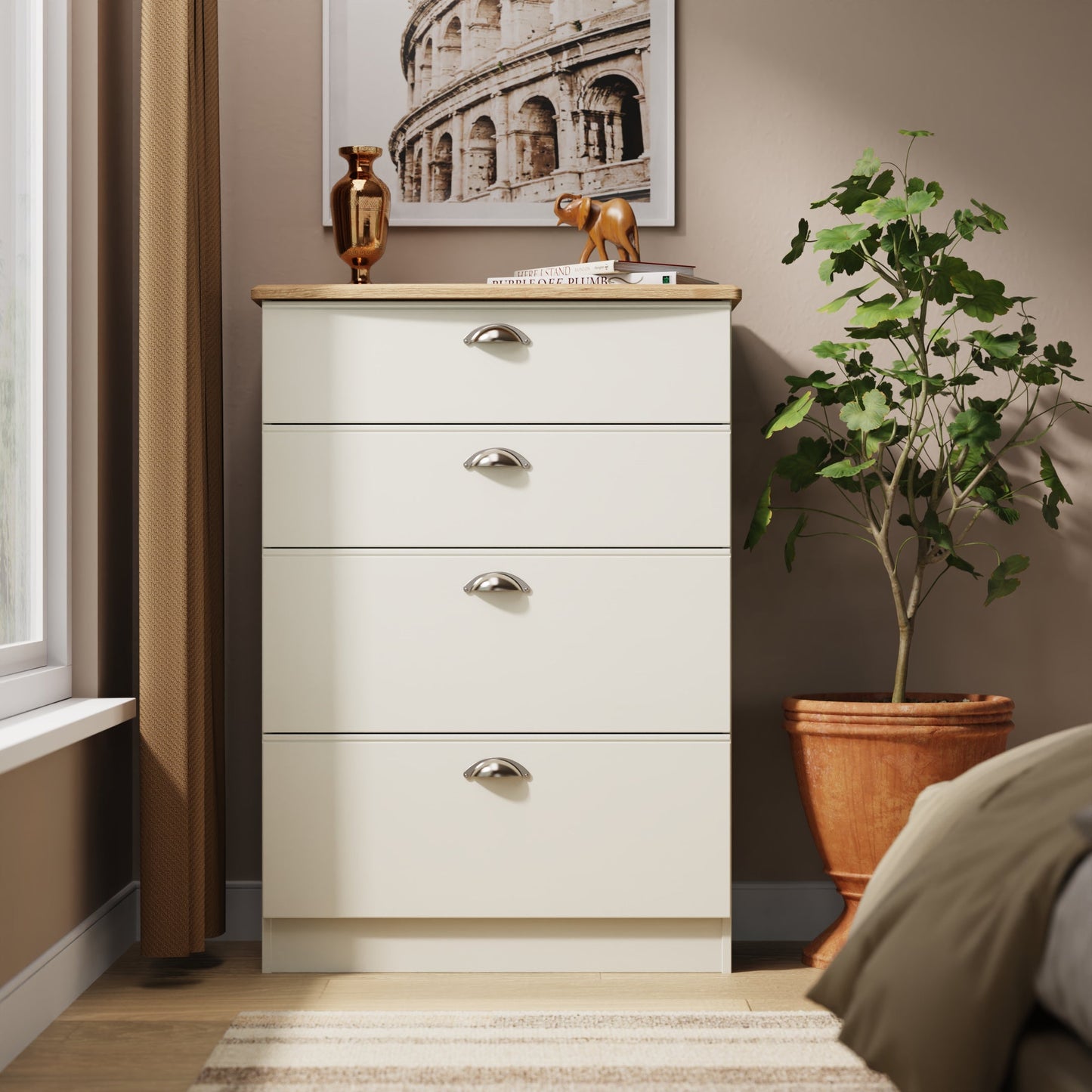 Victoria Tall Chest of Drawers Cream & Light Oak 4 Drawers 77cm