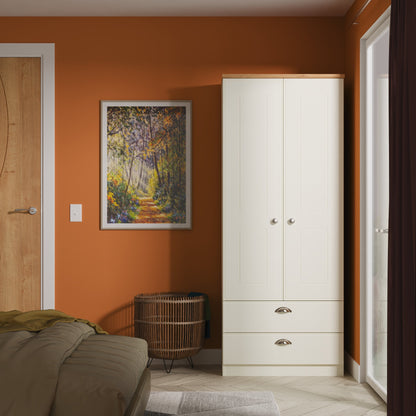 Victoria Tall Wardrobe Cream & Light Oak 2 Doors 2 Drawers 74cm