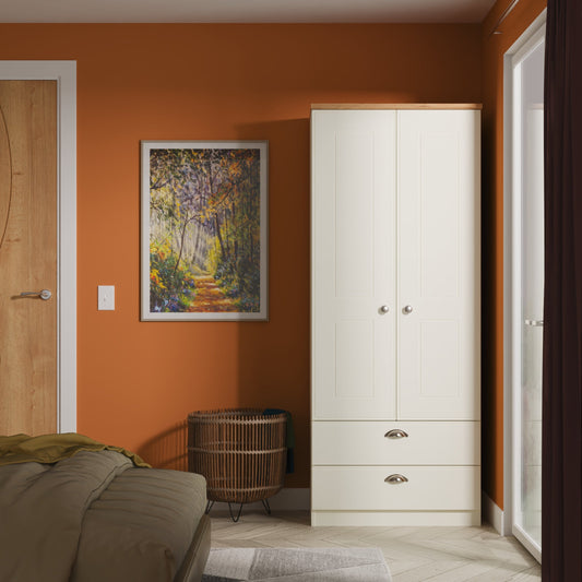 Victoria Tall Wardrobe Cream & Light Oak 2 Doors 2 Drawers 74cm